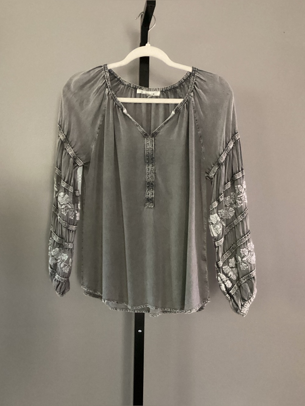 SOLITAIRE GRAY EMBROIDERED BOHO PEASANT TOP WOMENS BALLOON SLEEVES SZ SMALL VNTG